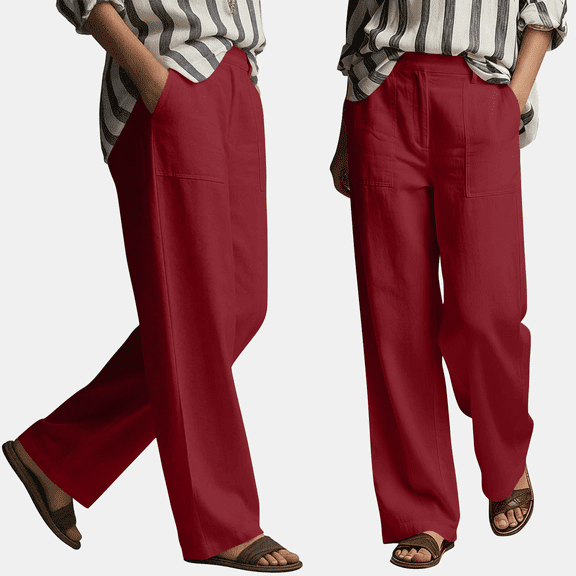 hoksml Women's Pull On Linen Wide Leg Pants, High Waist Casual Trousers with Pockets for Summer