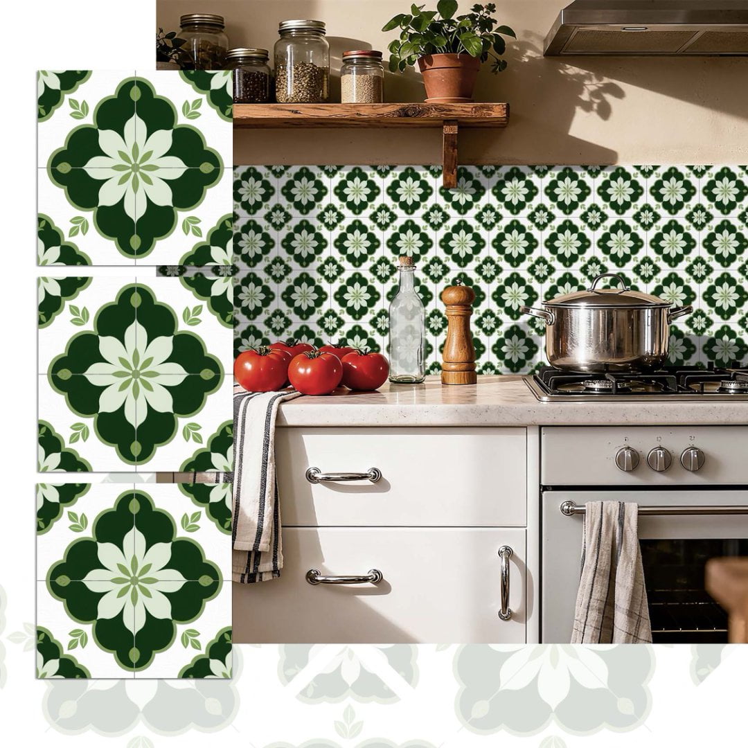 24Pcs Tile Sticker Peel and Stick Backsplash Matte PVC 7.87" x 7.87" DIY Decor Green Flowers Wall Stickers Waterproof Self Adhesive Decals