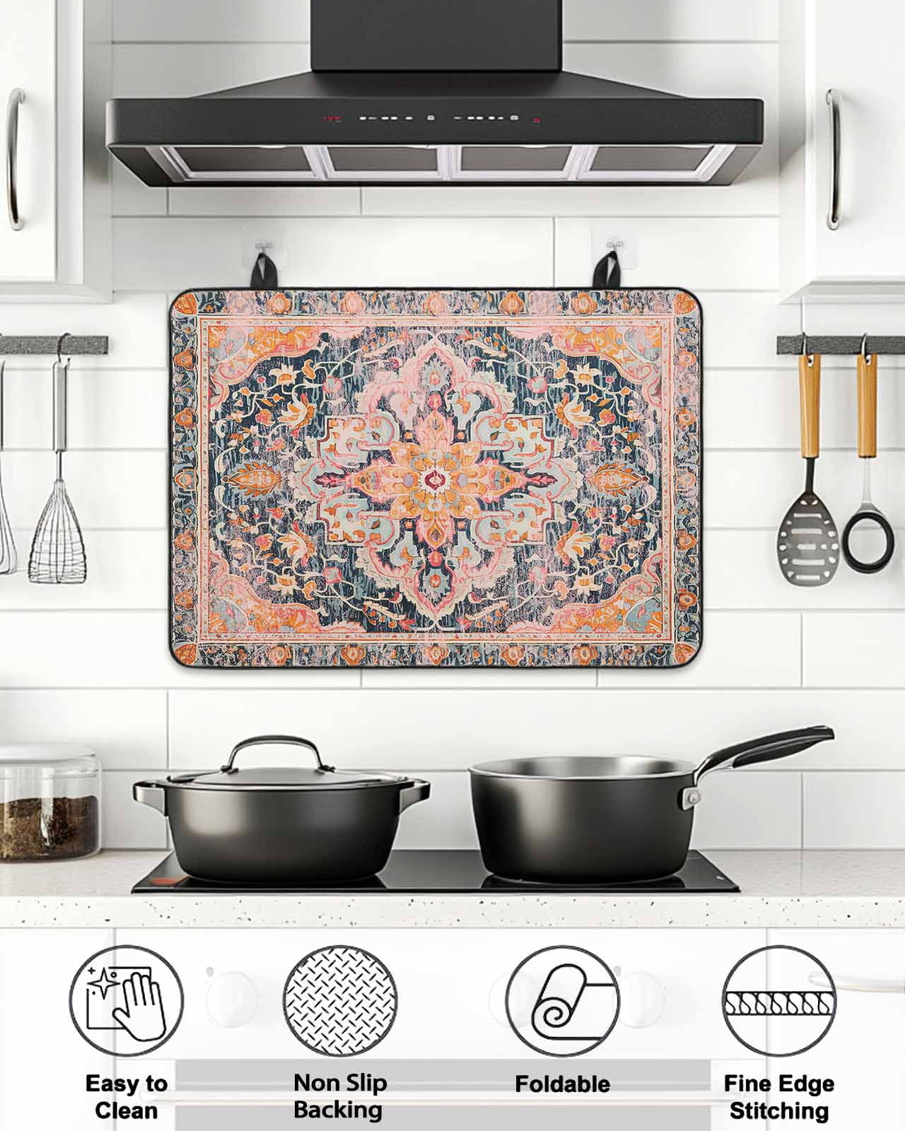 Stove Top Covers for Electric Stove, Pink Orange Blue Glass Stovetop Cover Protector, Ethnic Middle Century Geometric Art Induction Cooktop Protector Oven Mat for Kitchen Countertop 24"x21"