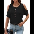thumbnail image 1 of Blusas con Hombros Descubiertos para Mujer, Grandes, Cuello en V, Corta, Ropa de Verano, Túnicas Abotonadas, Negras, Talla 4XL, 1 of 7