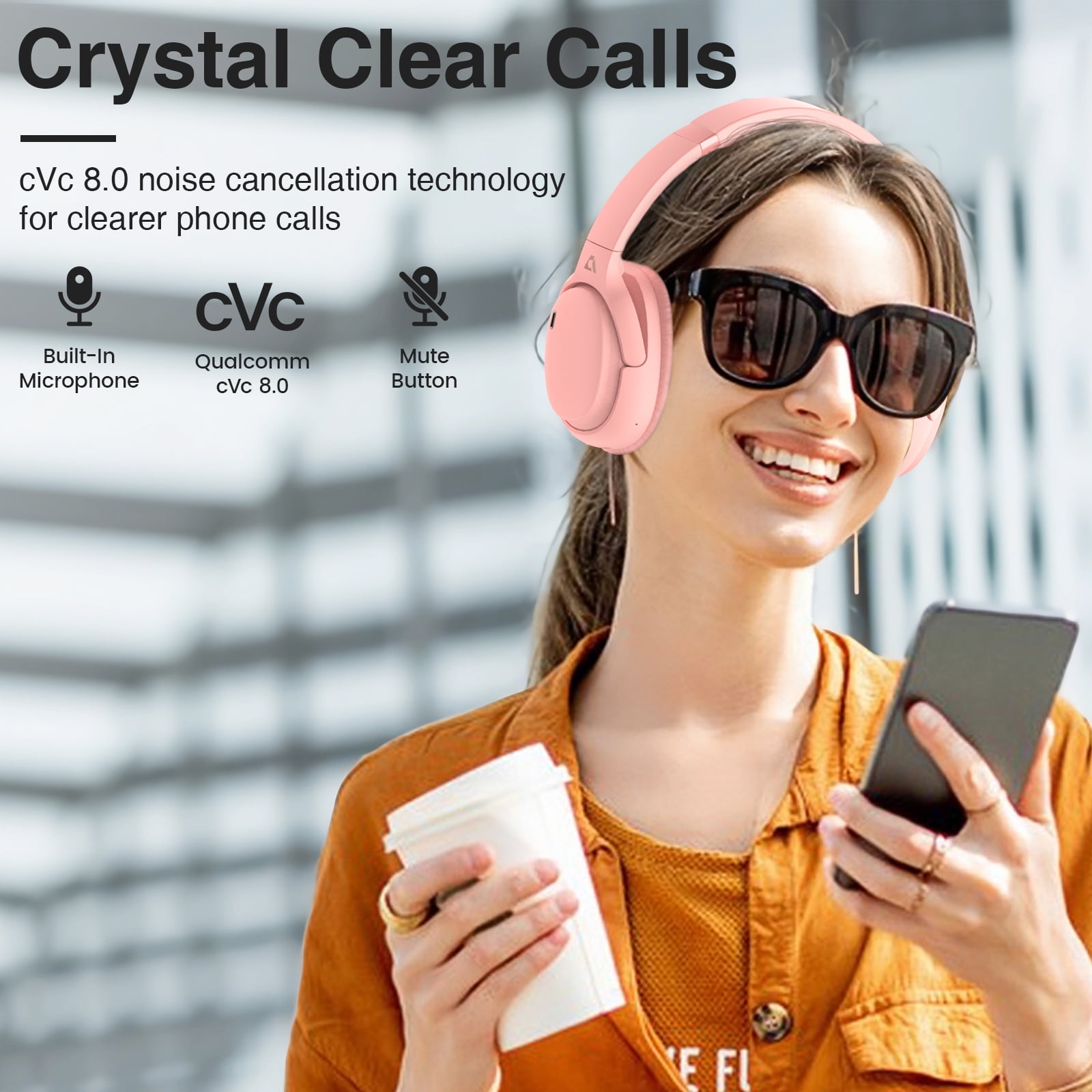 Ankbit E700 Noise Cancelling Headphones with LDAC, Wireless Bluetooth 5.1 Over Ear Headphones with Microphone, 60H Playtime, Pink