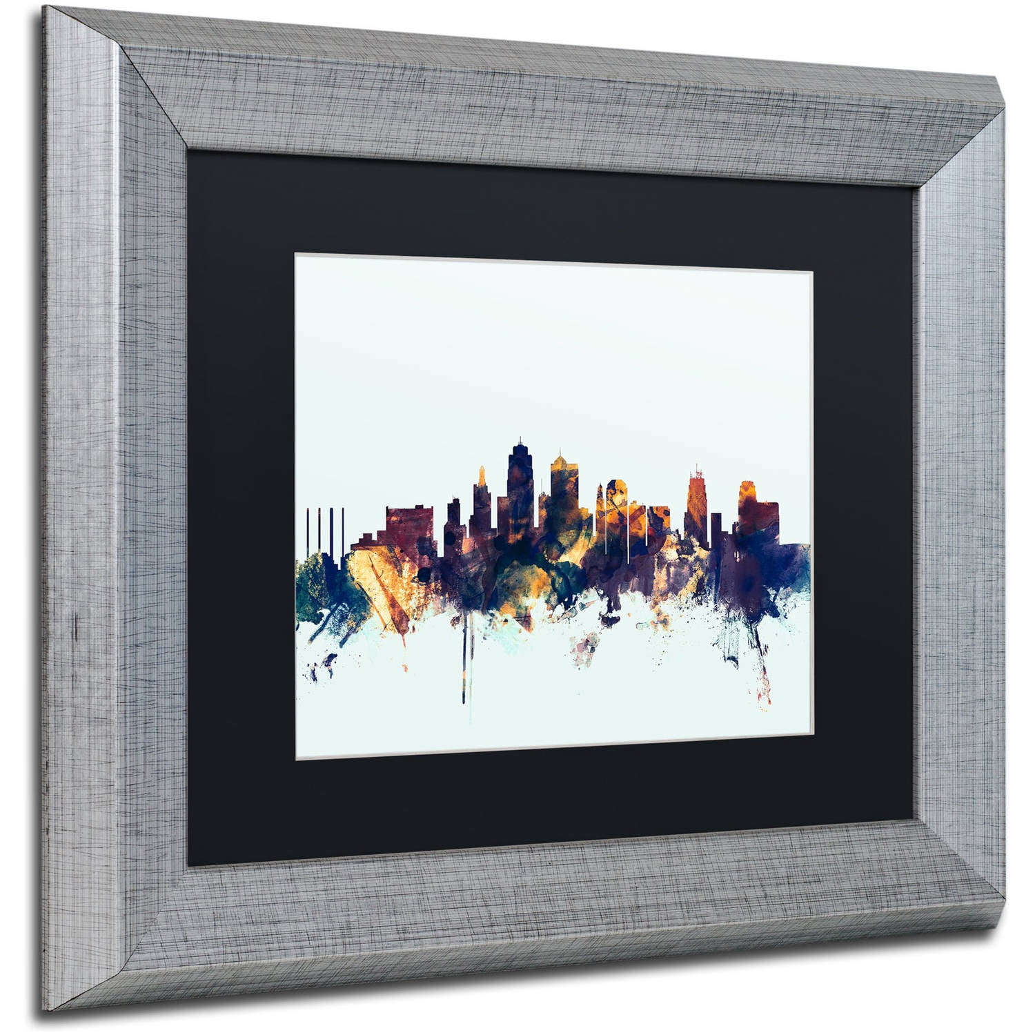 Trademark Fine Art "Kansas City Skyline Blue" Canvas Art by Michael Tompsett, Black Matte, Silver Frame