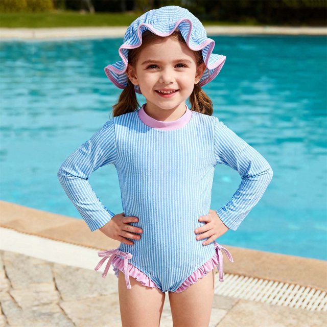Odeerbi 0-3 Años Niñas Traje de Baño de Manga Larga A Rayas de Una Sola Pieza de Protección Contra Erupciones Con Sombrero Solar Upf 50 + Protección Solar Traje de Baño En Seco Rápido