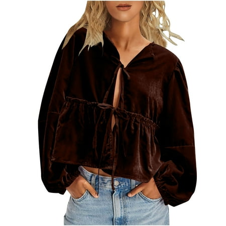 GA WEIHUA Women s Velvet Shirts Tie Front Long Sleeve Jackets V Neck Ruffle Hem Peplum T Shirts Loose Fit Cute Open Front Tops Relaxed Solid Babydoll Blouses(Brown XXL