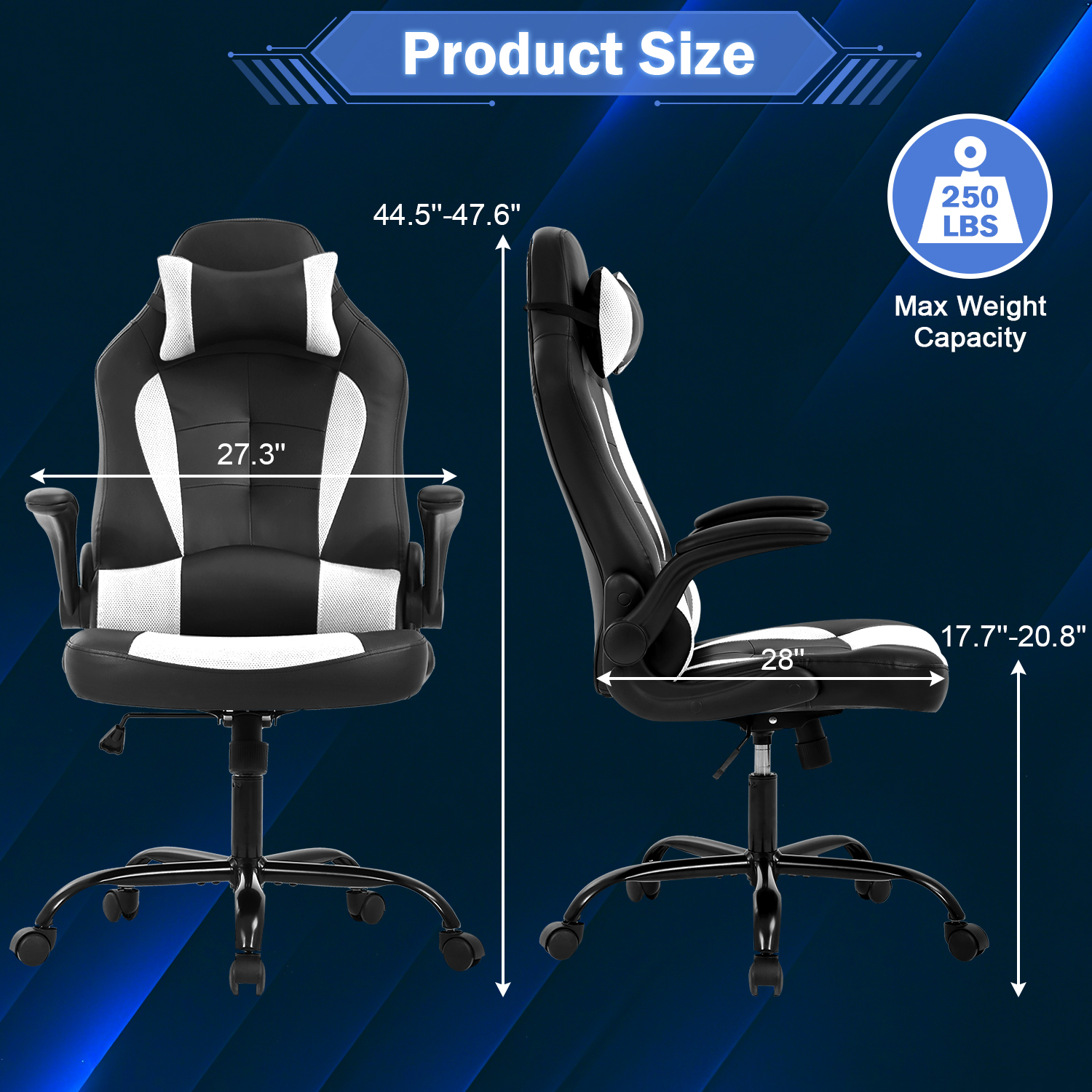 Video Game Chair High Back Gaming Chair PU Leather Racing Chair with Headrest Lumbar Support & Flip-up Arms , Adjustable Gamer Chair for Adults & Kids,White