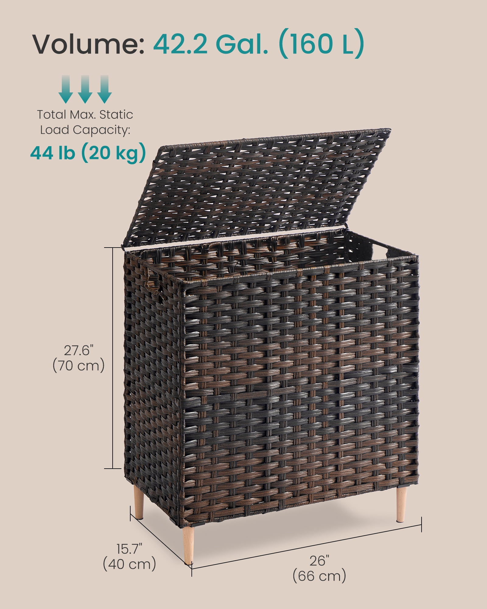 SONGMICS Laundry Hamper with Lid, PE Rattan Laundry Basket with Removable Liner, 3-Section Sorter, 42.2 Gallons (160 L), Chestnut Brown