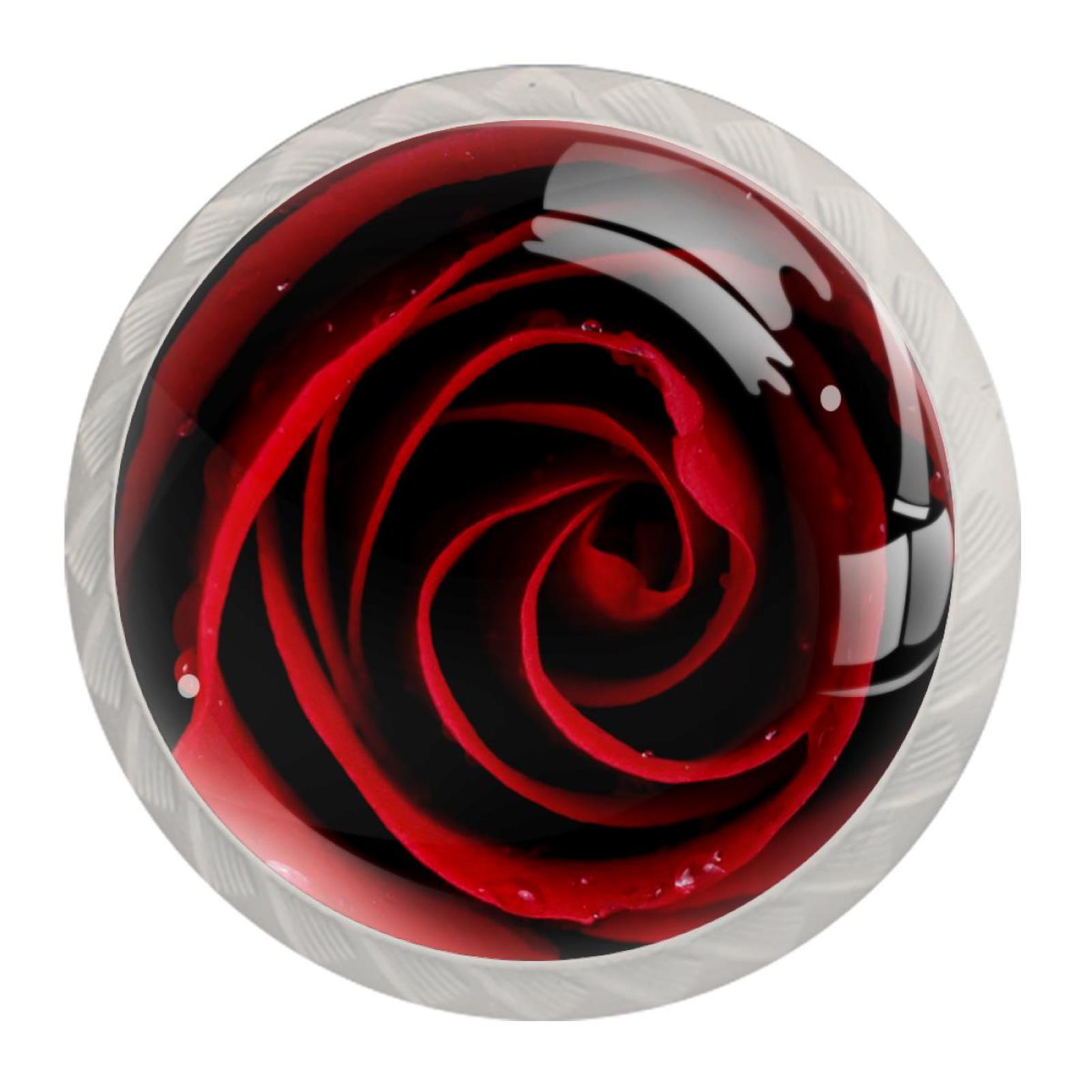 Ownta Red Rose Flower with Water Drops Round Glass Drawer Handles Knobs