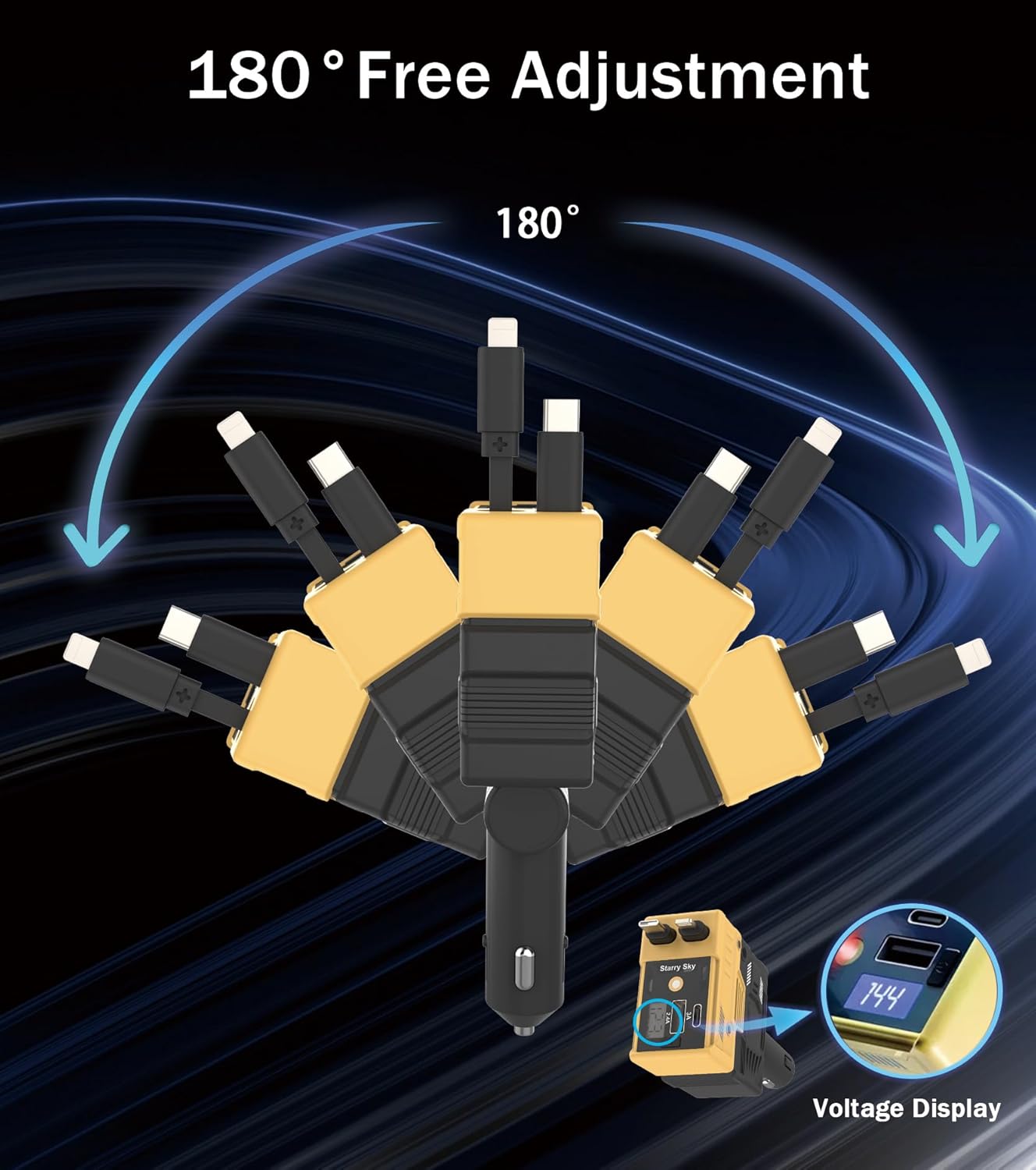 Retractable Car Charger with Starry Light, 4 in 1 Retractable Phone Charger with 66W Fast Charging, 2 Retractable Cables & 2 USB-C USB-A Port Compatible for iPhone 16/15/14/13/12/11,Samsung, Yellow