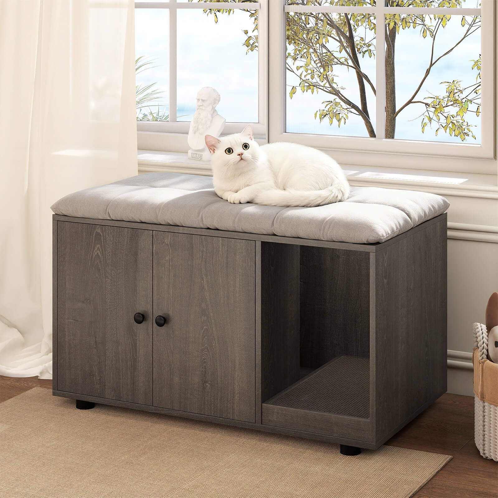 Costway Wooden Cat Litter Box Enclosure, Hidden Litter Box Furniture with Scratching Board Oak