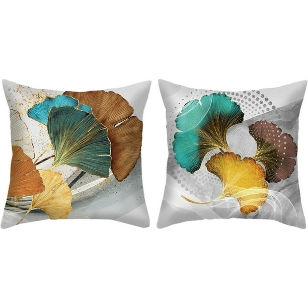 Funda de almohada corta de felpa con hoja de Ginkgo, color verde y dorado, funda de cojín para sofá