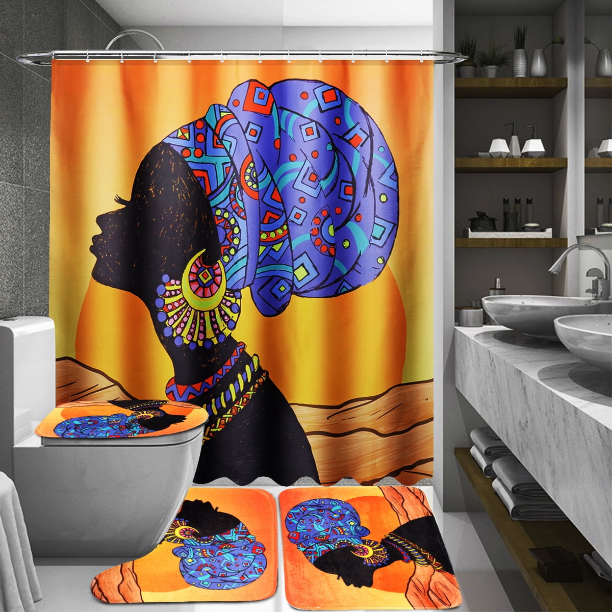 African Girl Waterproof Fabric Shower Curtain With 12 Hooks Or 3pcs Toilet Cover Mats Non Slip Rugs Bathroom Set Gifts Multi Pattern Com African Girl Waterproof Fabric Shower, African Print Shower Curtain Set