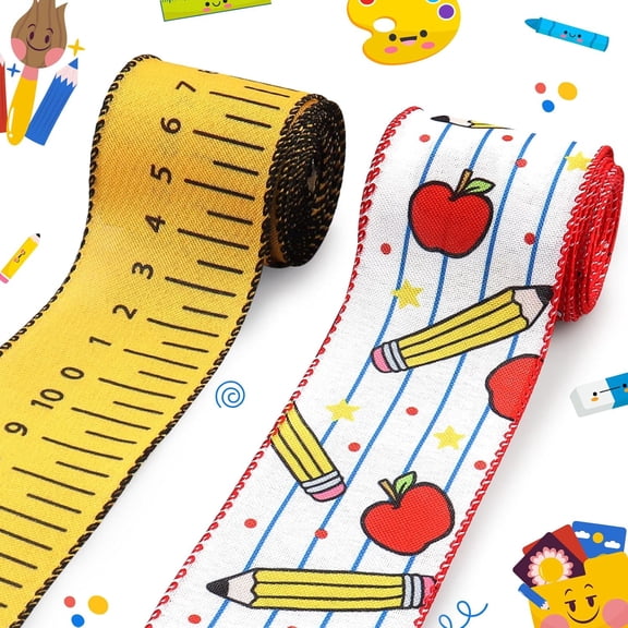 2 Rolls 10 Yards Back to School Wired Edge Ribbon, 2.5inch Yellow Ruler Burlap Ribbon Apple Pencil Gift Wrapping Ribbon for First Day of School Party DIY Craft Teacher Wreaths Bow Decor