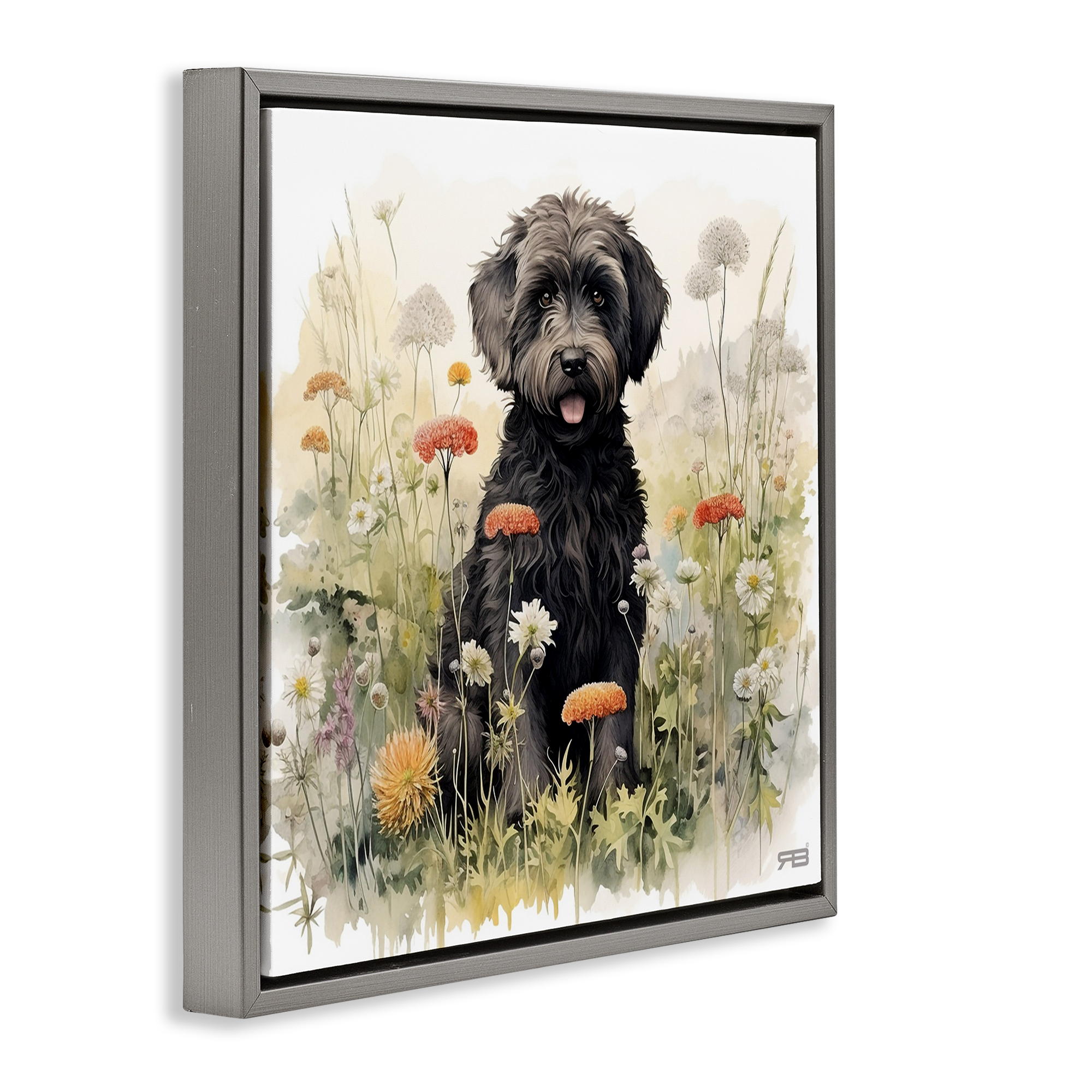 Stupell Industries Black Terrier in Meadow Animals & Insects Painting Gray Floater Framed Canvas Art Print Wall Art, 25 x 25