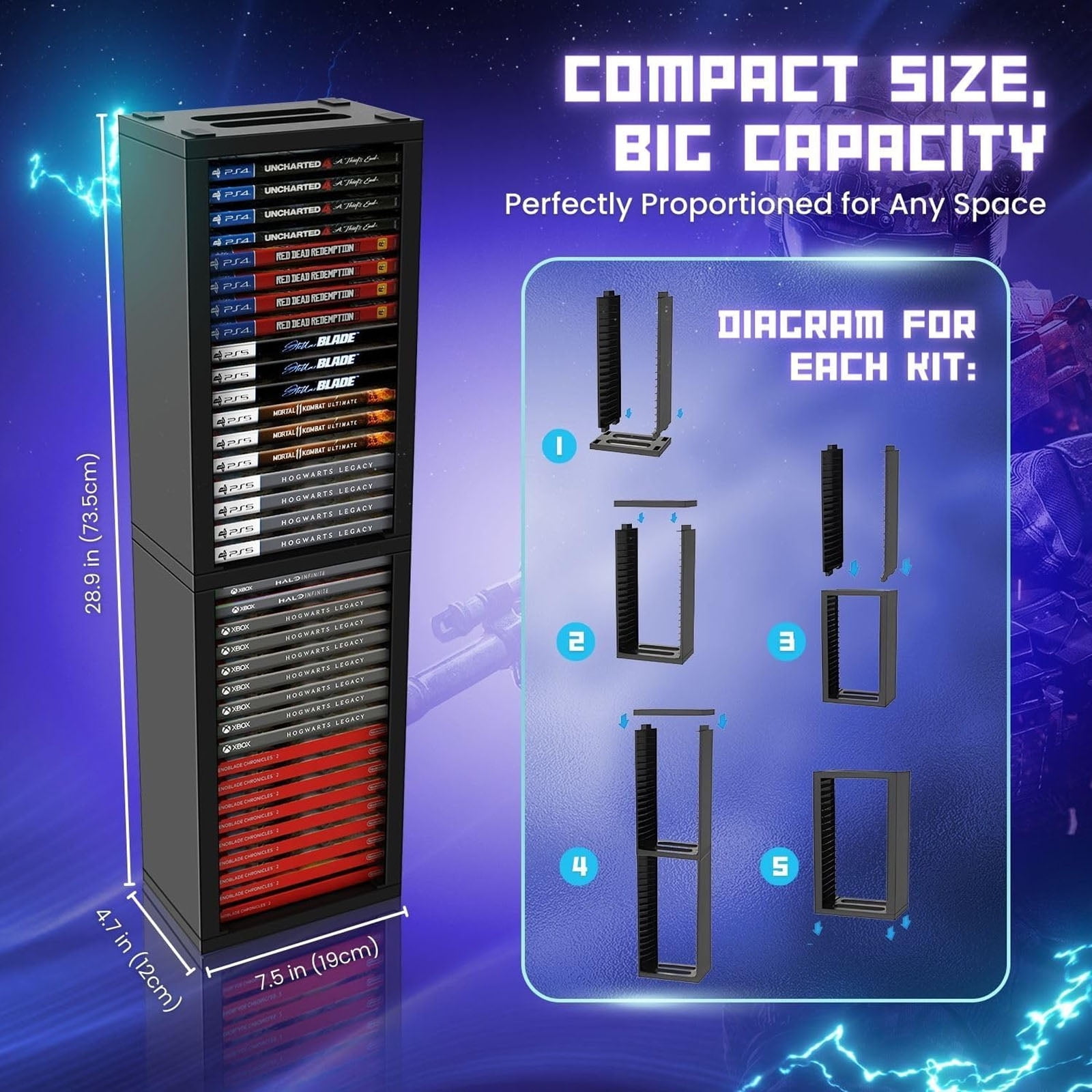 Video Game Storage Tower for PS5/ PS4/ PS3/ Xbox Series S & X/Xbox one Game, Universal Game Holder Rack, Vertical Blu Ray Case Organizer Stand, Stores 36 Games Disk or Blu-Ray Disks, Black