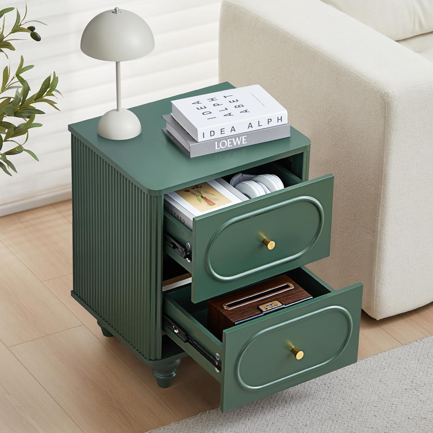Wirrytor 2 Drawer Fluted Nightstand Set of 2, Mid Century Modern Farmhouse Bedside Table,Sofa Table, Small End Table Bedside Table for Bedroom Living room, Green