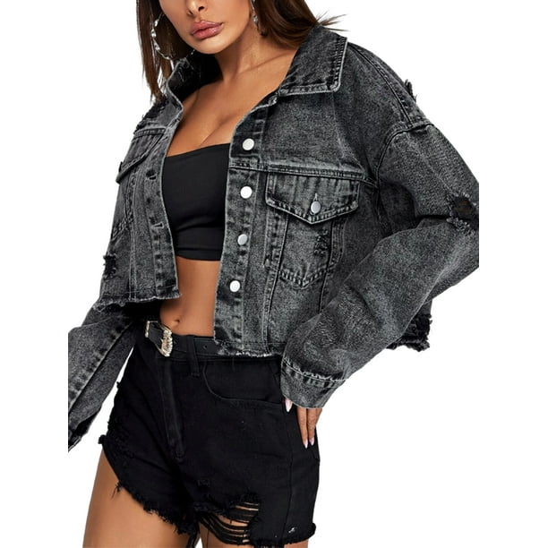 Lucakuins Abrigos de mezclilla informales de otono para mujer Chaquetas de jean recortadas con botones de manga larga Lucakuins moda