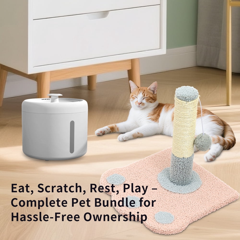 Circulating Cat Water Fountain + Scratching Tower, Ultra Quiet Drinking Dispenser with Ripple Basin, Designed to Increase Hydration for Cats & Small Animals (2000ML)