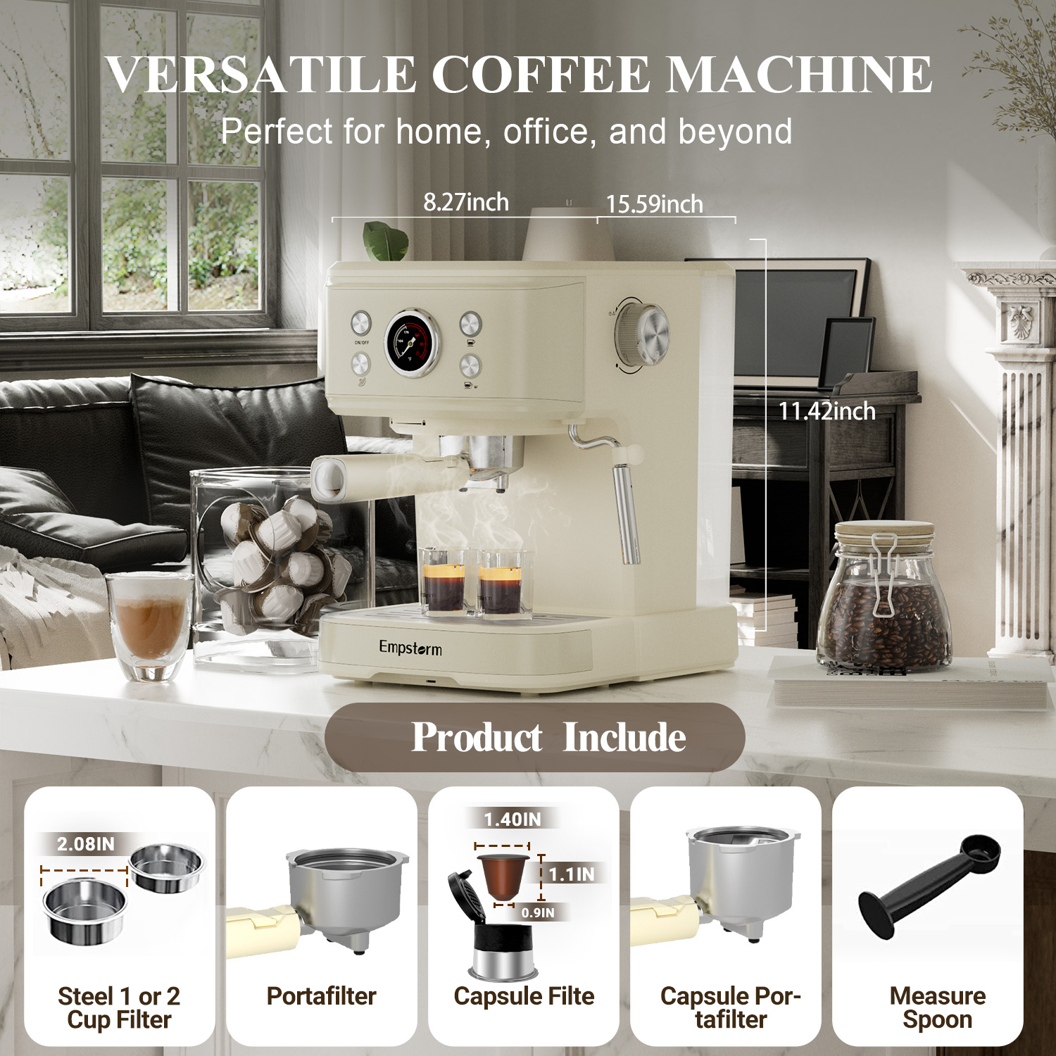 Empstorm 20 Bar Espresso Machine with Milk Frother Steam Wand, 3-in-1 Coffee Maker, Compatible with NS Pods, Stainless Steel, for Latte & Cappuccino, Beige