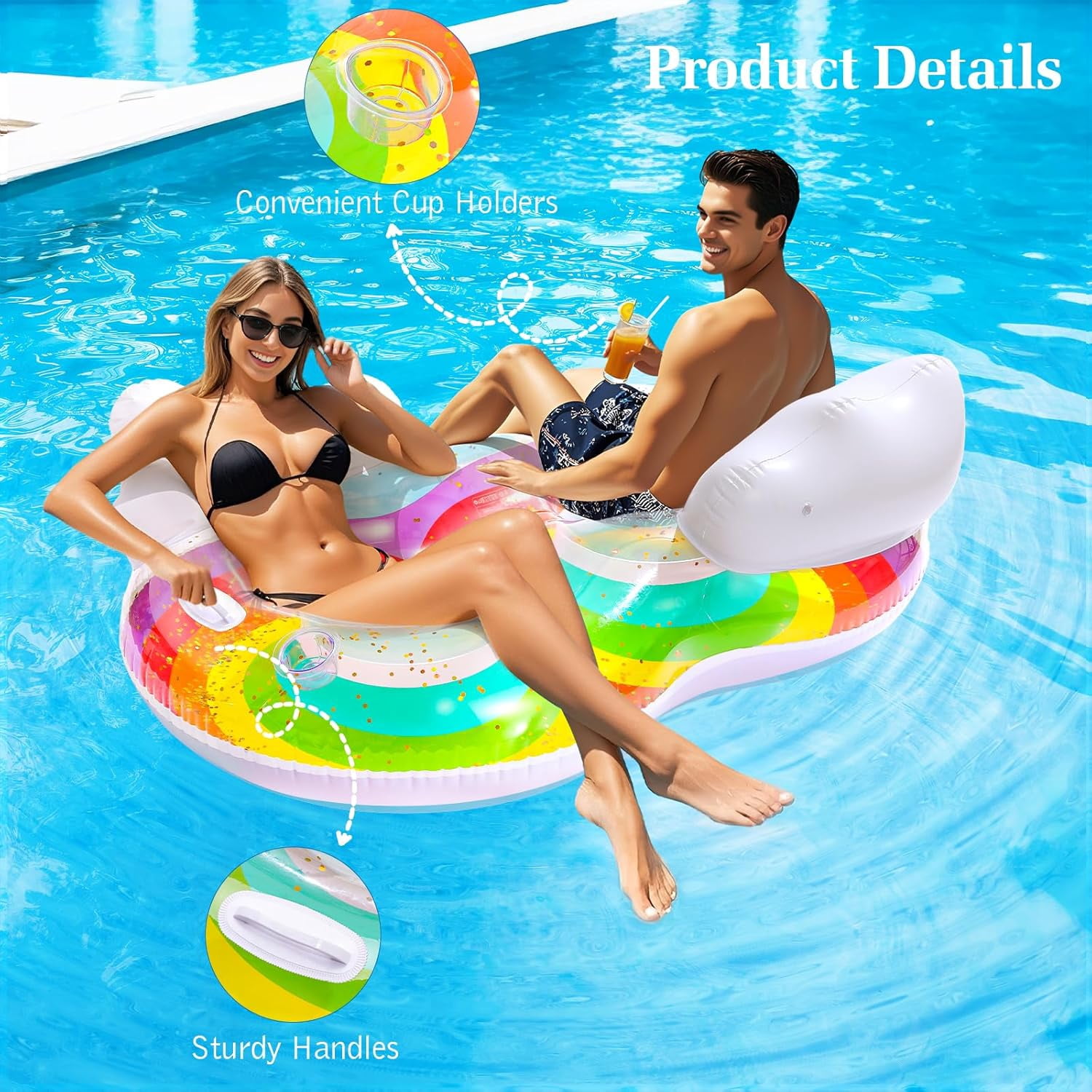 HEY!SPLASH Pool Floats Adult, 2 Seat Inflatable Rainbow Float with Cloud Backrests and Handles, Pool Float with Cup Holders for Family/Friends/Couple, Pool Float Chair for Beaches, Pool Parties