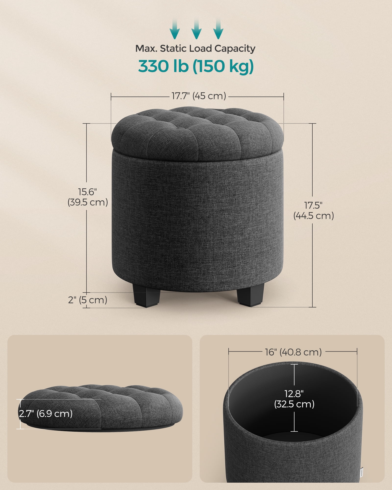 SONGMICS Round Storage Ottoman with Sturdy Legs, 17.7 Inch Diameter Foot Rest, Footstool Holds 330 lbs, Dark Gray