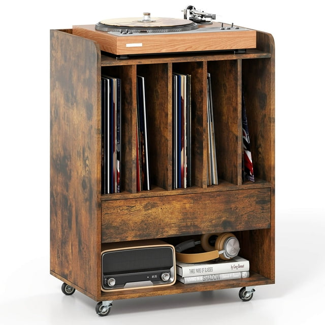 Costway Record Player Stand with Drawer & Record Holder,Lockable Wheels for Living Room Brown