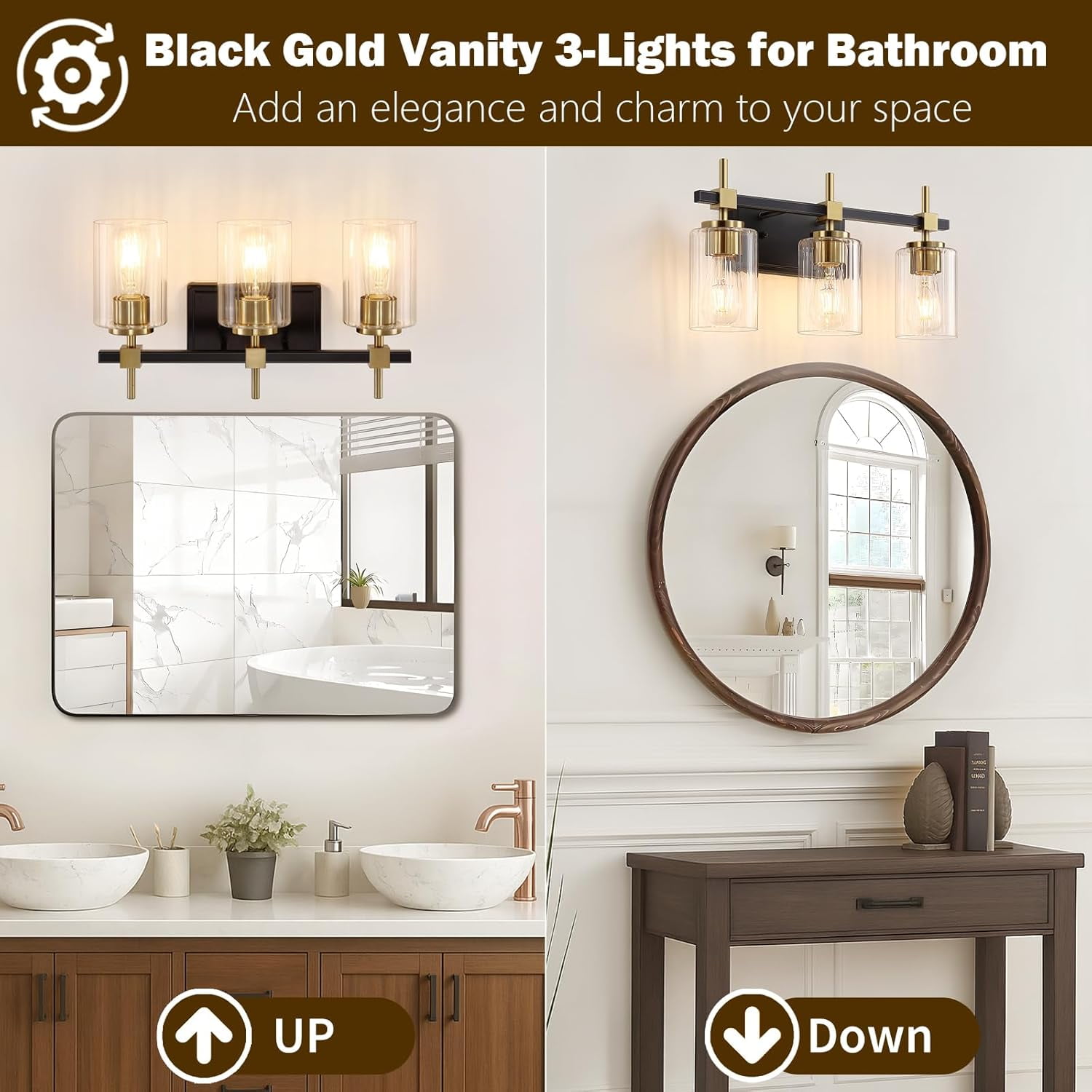 Textured Glass Bathroom Vanity Light 3-Light Brass Wall Light Fixtures over Mirror Black and Gold Vanity Lighting for Bathroom Wall Sconce