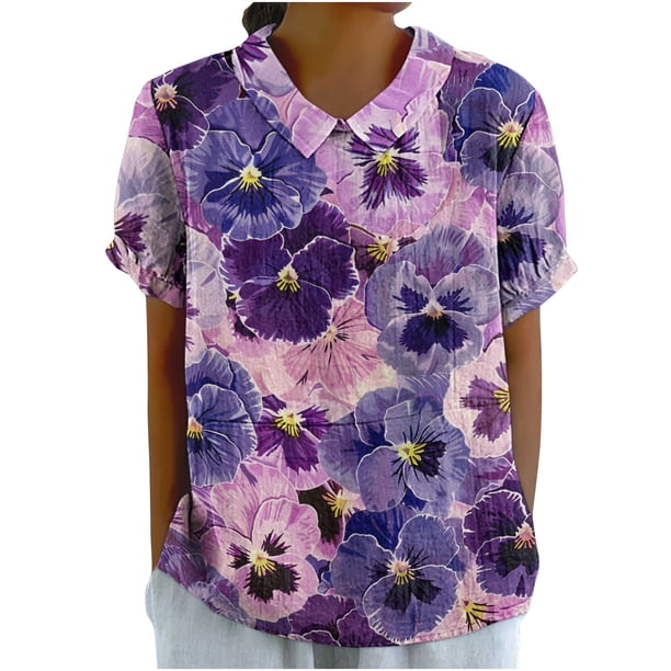 Blusas de Manga Corta para las Mujeres Cuello de Muñeca Lindo Lino Algodón, Impreso Suelto Camiseta para el Uso Casual, Diario Y de Verano