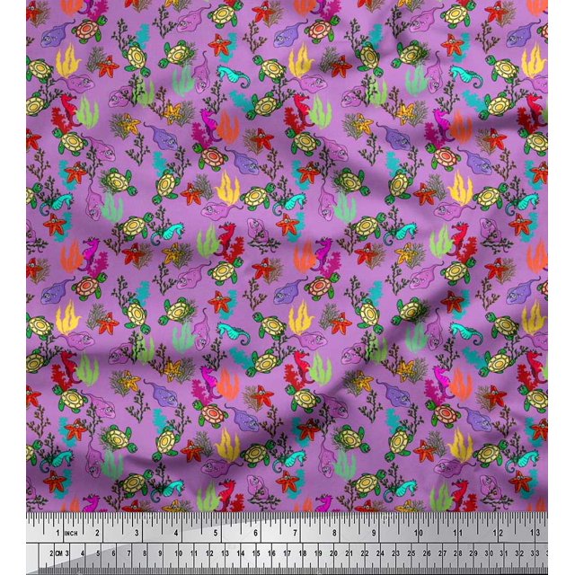 Soimoi Cotton Cambric Fabric Coral,Starfish & Turtle Ocean Print Sewing Fabric Yard 42 Inch Wide