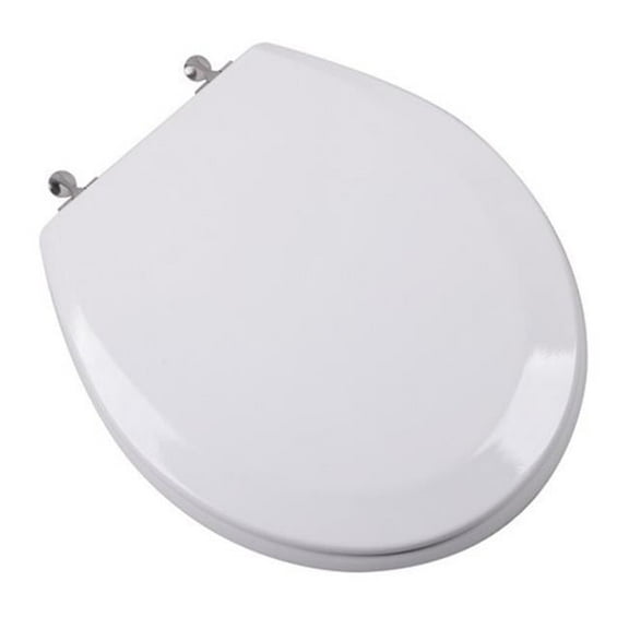 Plumbing Technologies 1F1R6-00BN Premium Molded Round Front Wood Toilet Seat with Brushed Nickel Metal Hinges- White