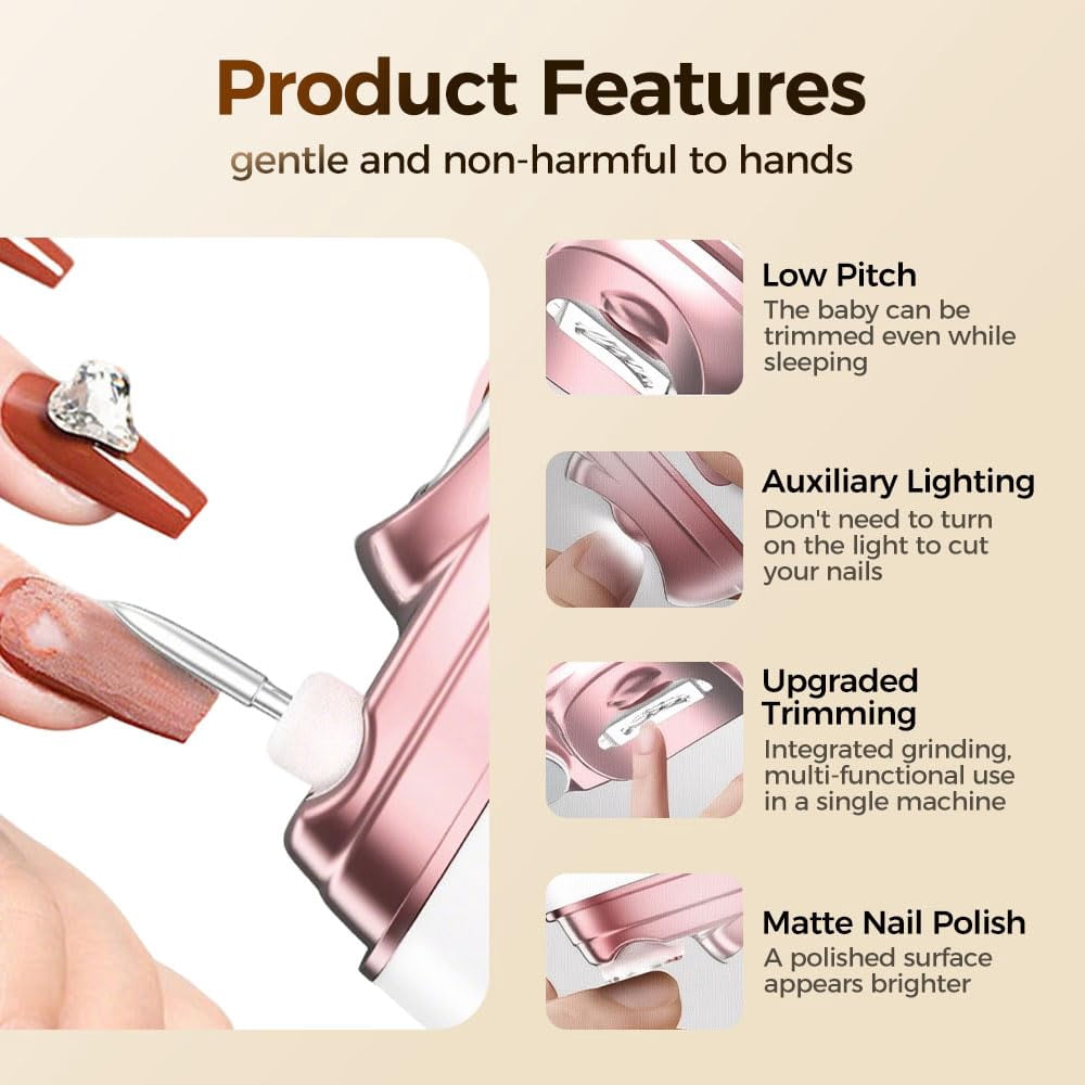 Electric Nail Clipper 4 in 1 Automatic Nail Trimmer with File Polishing UV Light, 2 Speed Rechargeable Nail Cutter with LED for Adults Kids Seniors, Baby Safe Manicure Tool(wwx)