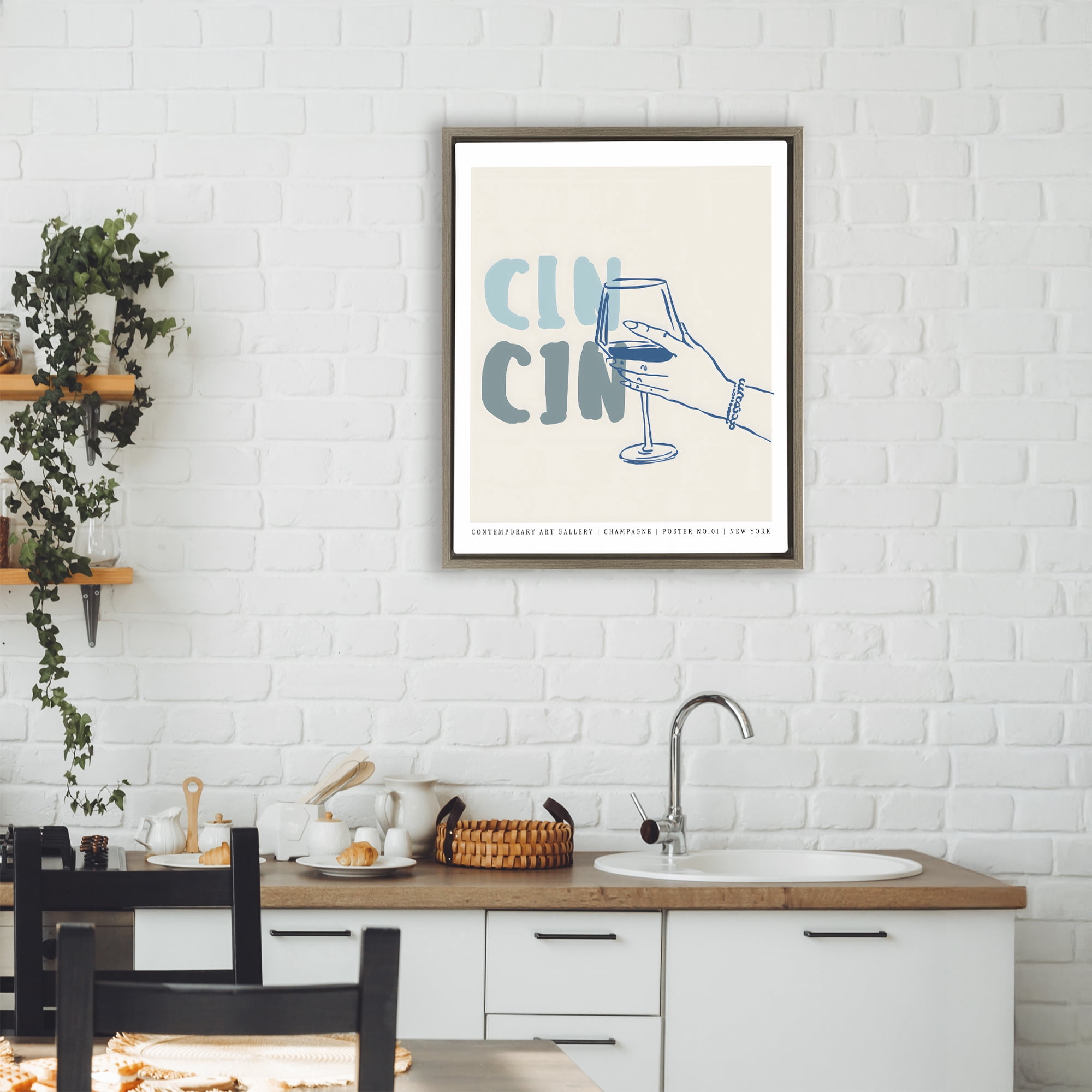 Stupell Industries Cin Cin Blue Champagne Toast Brown Framed Floater Canvas Wall Art, design by The Prints Vibe