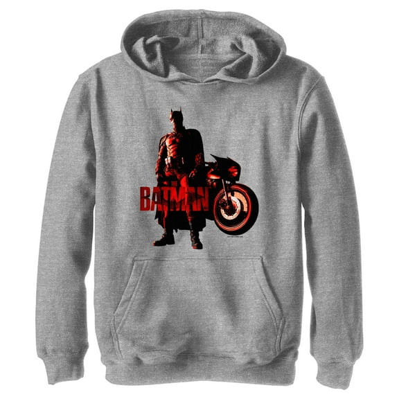 Boy's The Batman Red Batcycle  Pull Over Hoodie Athletic Heather Medium