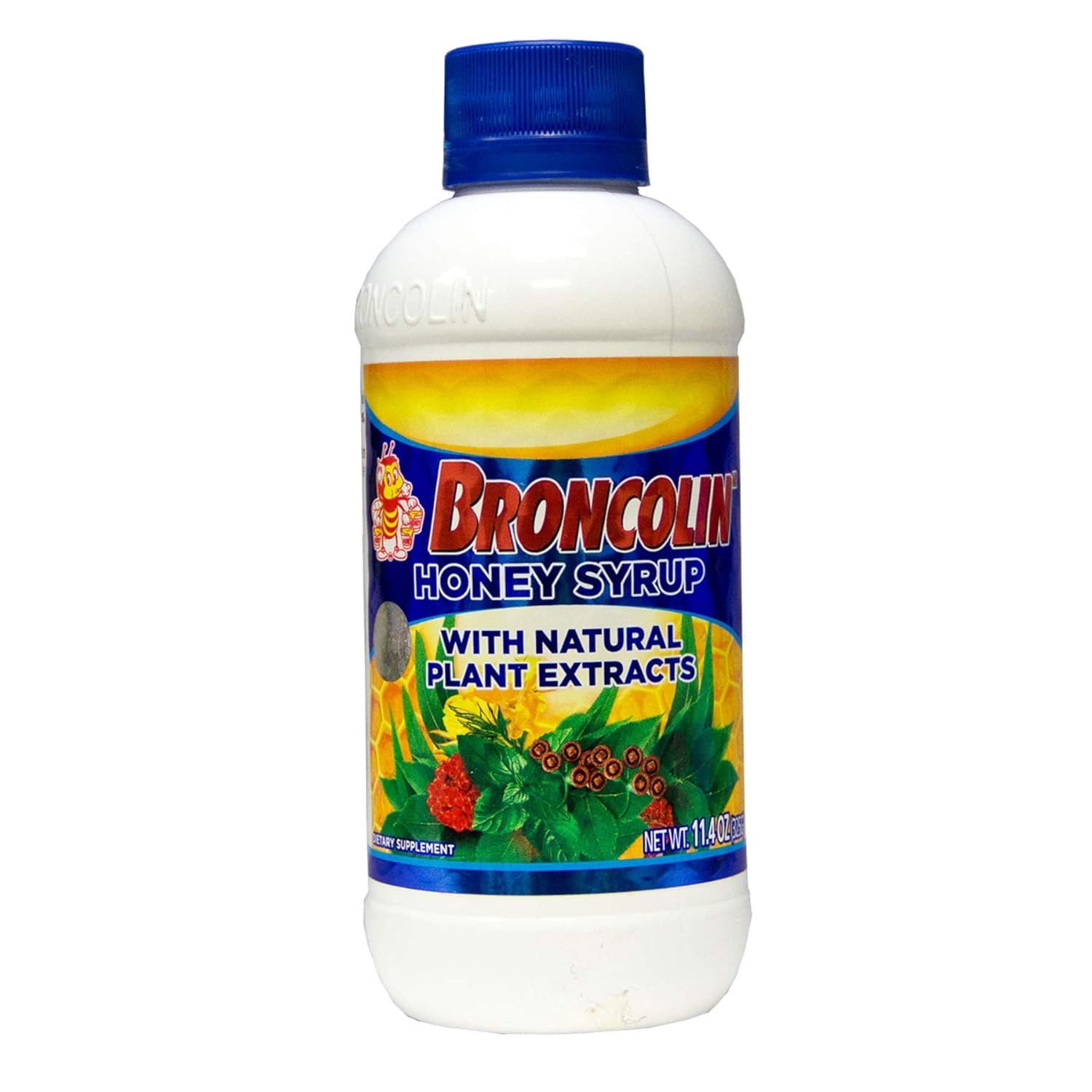 Broncolin Honey Syrup with Natural Plant Extracts, Cough Relief Supplement, 11.4 oz Bottle