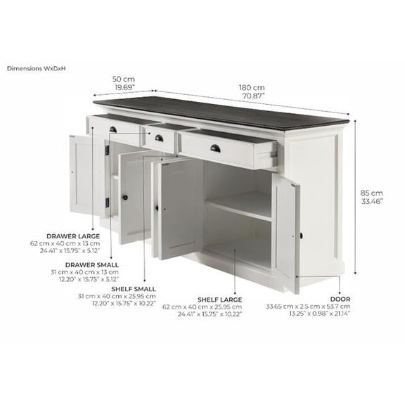 NovaSolo Halifax Mahogany Wood Buffet with 5 Doors 3 Drawers in White
