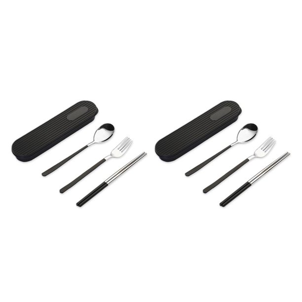 sweethay Juegos de vajilla Cubiertos de acero inoxidable 304 Los estudiantes reutilizables usan accesorios de viaje de diseño simple para Negro 3 piezas 2Conjunto