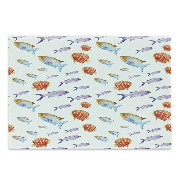 Fish Cutting Board, Underwater Life Themed Art with Tropical Goldfish and Mackerel in Pastel Watercolors, Decorative Tempered Glass Cutting and Serving Board, Large Size, Multicolor, by Ambesonne