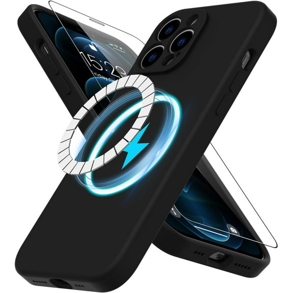 for iPhone 13 Pro Max Case Silicone with Screen Protector - [Compatible with MagSafe] - Camera Cover - Slim Fit Protective Magnetic Phone Case 6.7" for Men Women Girls - Black