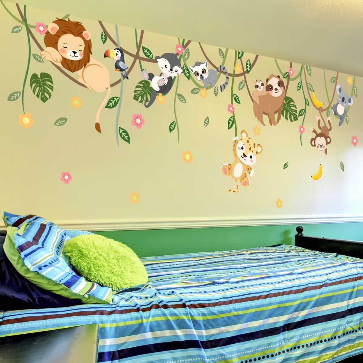 Jungle Animals Tree Branch Wall Decals Safari Monkey Giraffe Lion Wall Stickers Removable Peel and Stick Baby Nursery Kids Room Daycare Wall Decor