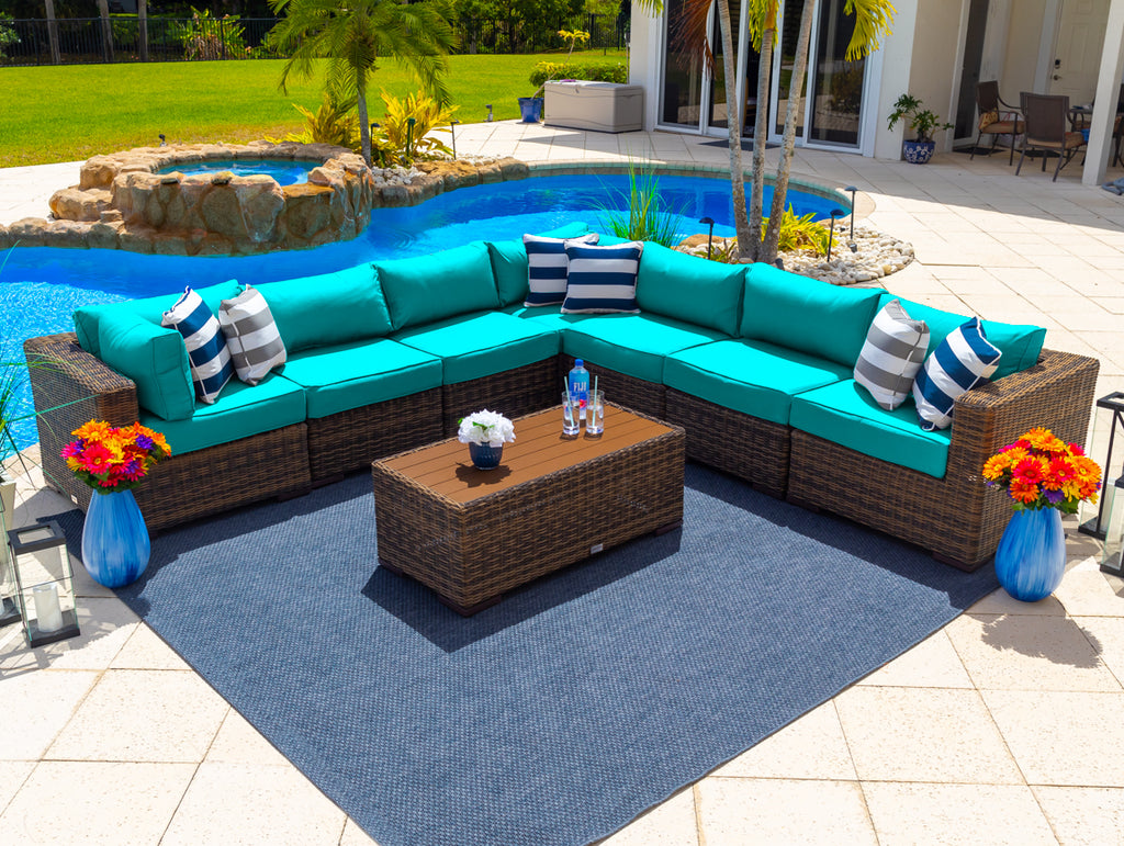 Tuscany 8-Piece Resin Wicker Outdoor Patio Furniture Sectional Sofa Set with Seven Modular Sectional Seats and Coffee Table (Half-Round Brown Wicker, Sunbrella Canvas Aruba) - image 1 of 4