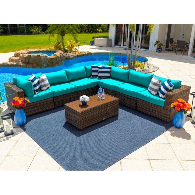 Tuscany 8-Piece Resin Wicker Outdoor Patio Furniture Sectional Sofa Set with Seven Modular Sectional Seats and Coffee Table (Half-Round Brown Wicker, Sunbrella Canvas Aruba)