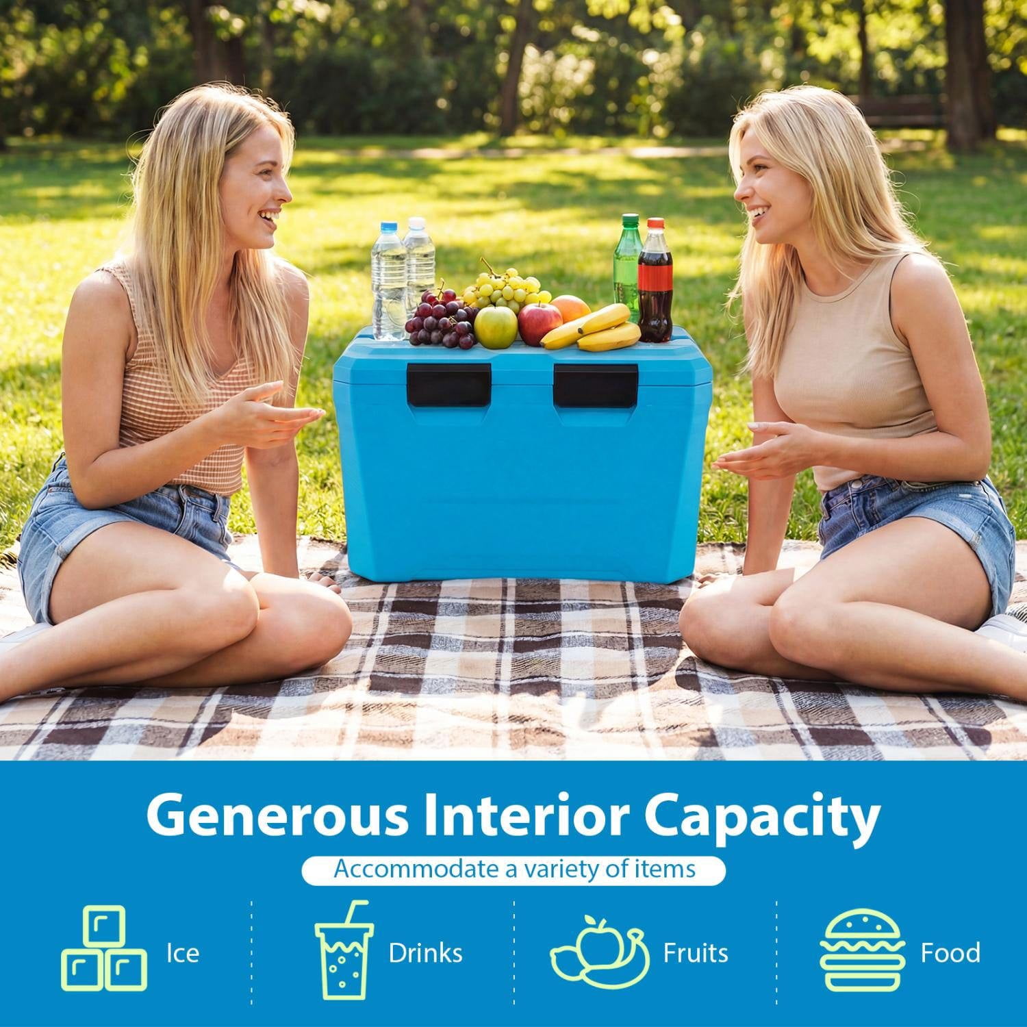 Resenkos Insulated Hard Shell Ice Chest Cooler with Cup Holders Bottle Opener and Drain Plug, Heavy Duty Outdoor Cooler for Camping and Fishing, Blue