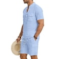 thumbnail image 2 of 2 Piece Summer Beach Outfits for Men, Casual Henley Vneck Shirt and Shorts Set, 2 of 4