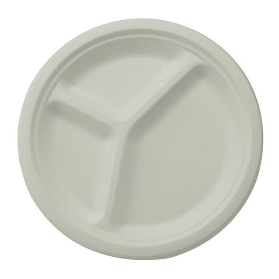 Stalk Market Compostable Round Plates, 3-Compartment, 10", White, Pack Of 500 Plates