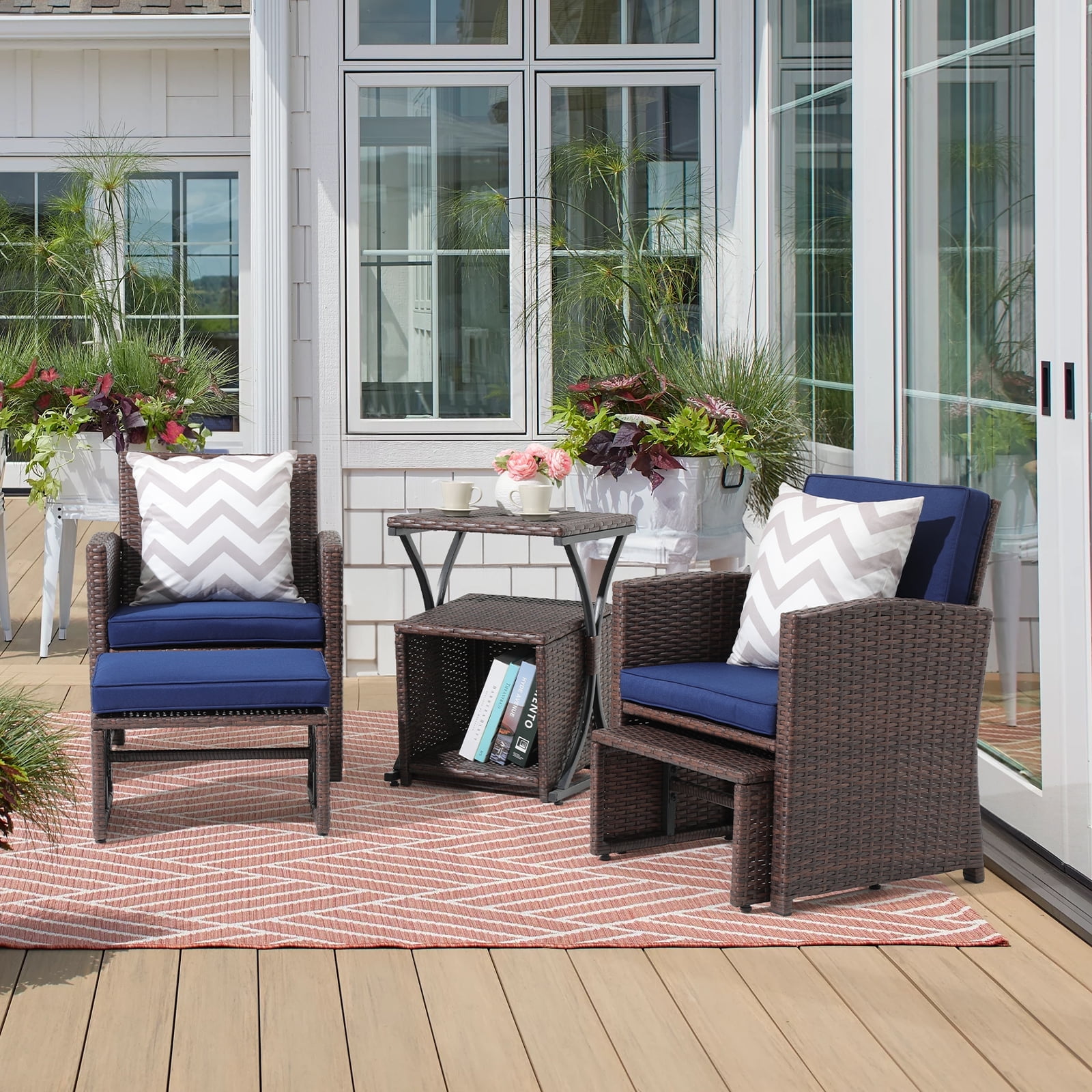JOIVI 6-Piece Patio Wicker Furniture Set, Patio Furniture Set with Cushioned Ottoman and Coffee Table, Navy Blue & Brown