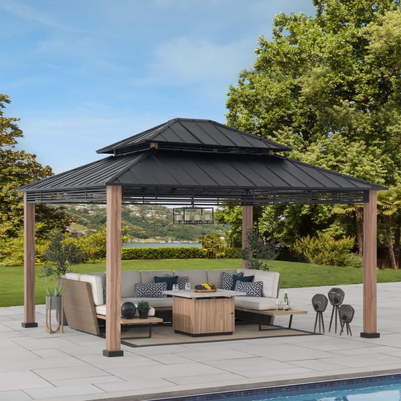 Sunjoy Roberts Outdoor Patio 13 x 15 ft. Black Steel Frame Hardtop Gazebo with 2-Tier Steel Roof