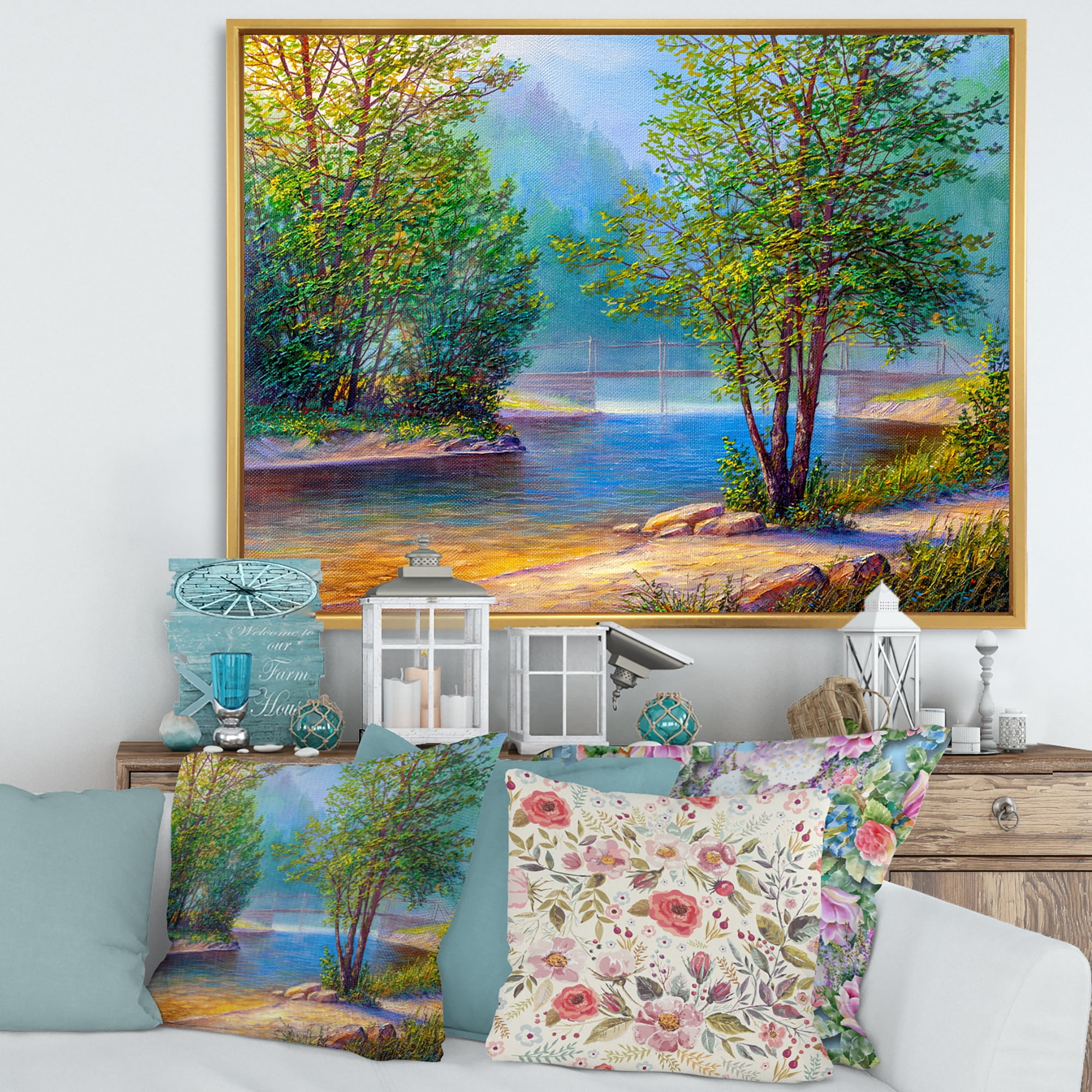 Designart 'Green Trees By The Bridge Over River' Traditional Framed Canvas Wall Art Print