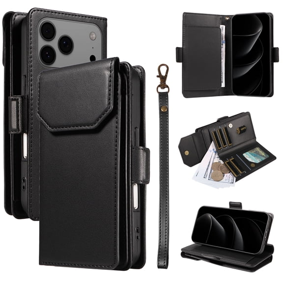 for iPhone 17 Pro Wallet Rugged Case, with Card Slots & Cash Pocket & Wrist Strap & Kickstand - PU Leather Folio Flip Magnetic Closure Stand Women Heavy Duty Protection Phone Cover, Black