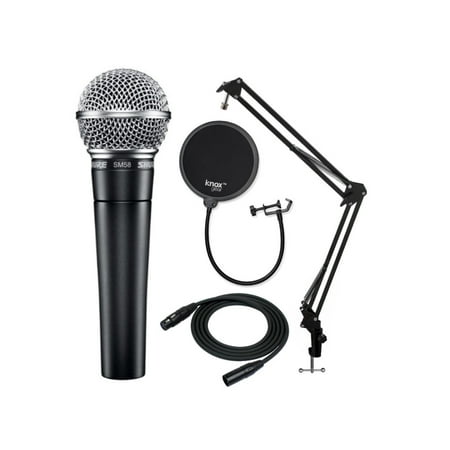 Shure SM58-LC Vocal Microphone with Knox Gear Boom Arm, Pop Filter and XLR