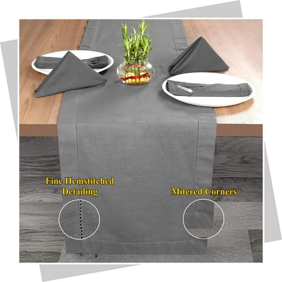 GFI LINEN CLUBS Cotton Slub Hemstitched Table Runner - Charcoal-16x108 with 2 inch fold