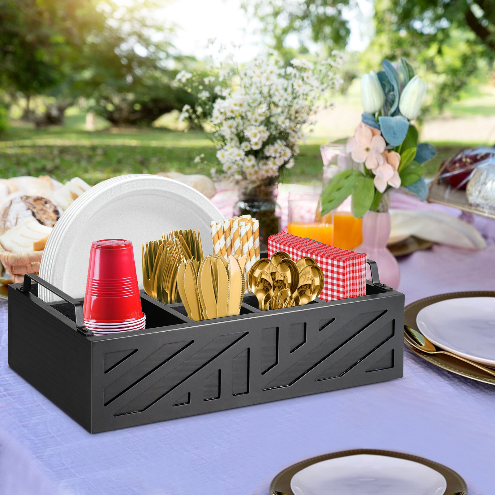 Wood Rustic Paper Plate Dispenser  Holder for Kitchen Counter, Rustic Silverware Utensil Caddy, Cutlery Flatware Organizer Box